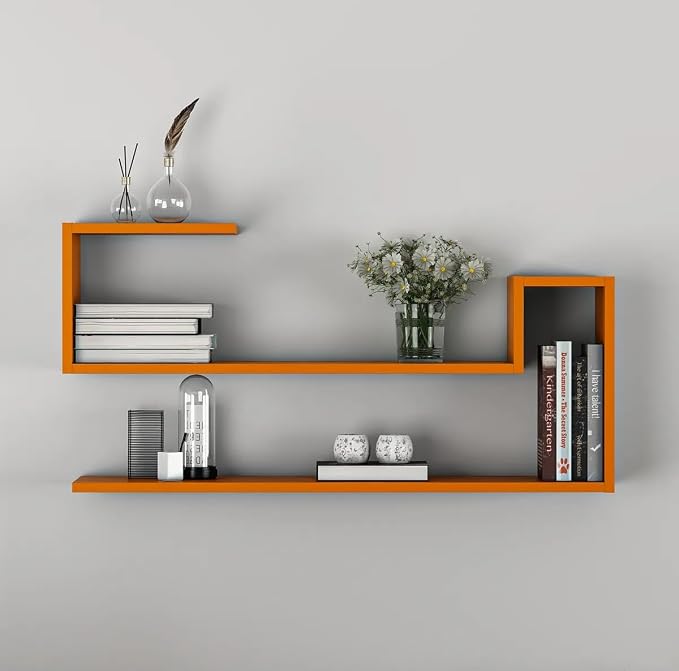 Geometric Wall Shelf: Modern MDF Floating Bookshelf (Orange)