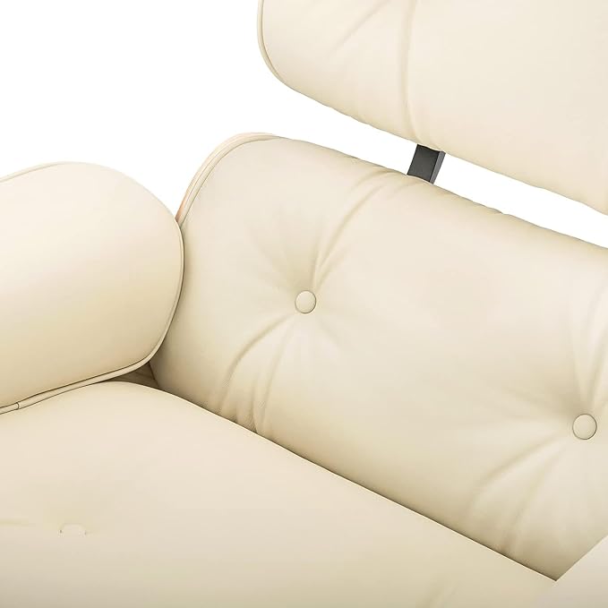 Top Cream White Grain Leather, Mid Century Chaise Lounge Chair and Ottoman, Modern Chair Classic Design, Palisander Wood, Heavy Duty Base Support for Living Room Office