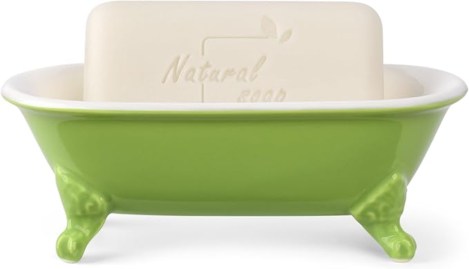 6.5" Ceramic Mini Decorative Clawfoot Bathtub Bar Soap Dish, Kitchen Sponge Holder and Shower Tray for Bathroom, 1 Pack(Lime)