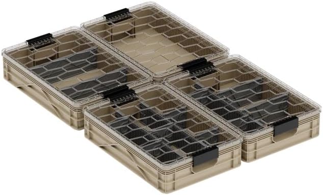 SIDIO Quarter Crate 4 Pack of Stackable Storage Bins - Organizer Bins with Dividers for Garage Organization, Home Storage - Heavy Duty Plastic Containers - 19.16” x 12.75”x 4.57” (Tan)
