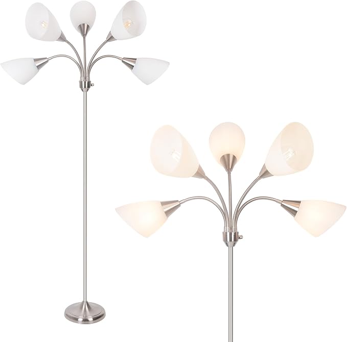 Floor Lamp, 5 Adjustable Neck Heads with Lampshades, Multi-Light Standing Reading Lamp for Living Room, Bedroom, Office