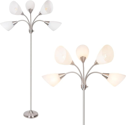 Floor Lamp, 5 Adjustable Neck Heads with Lampshades, Multi-Light Standing Reading Lamp for Living Room, Bedroom, Office