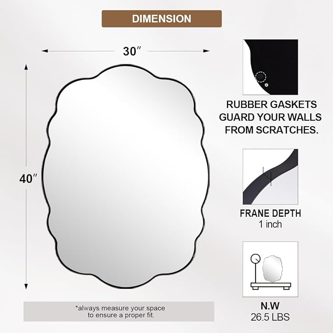 ANDY STAR Black Wavy Oval Mirrors for Bathroom, 30x40 Inch Large Wavy Scalloped Wall Mirror, Anti Rust Stainless Steel Metal Frame, Wall Mount Horizontal or Vertical