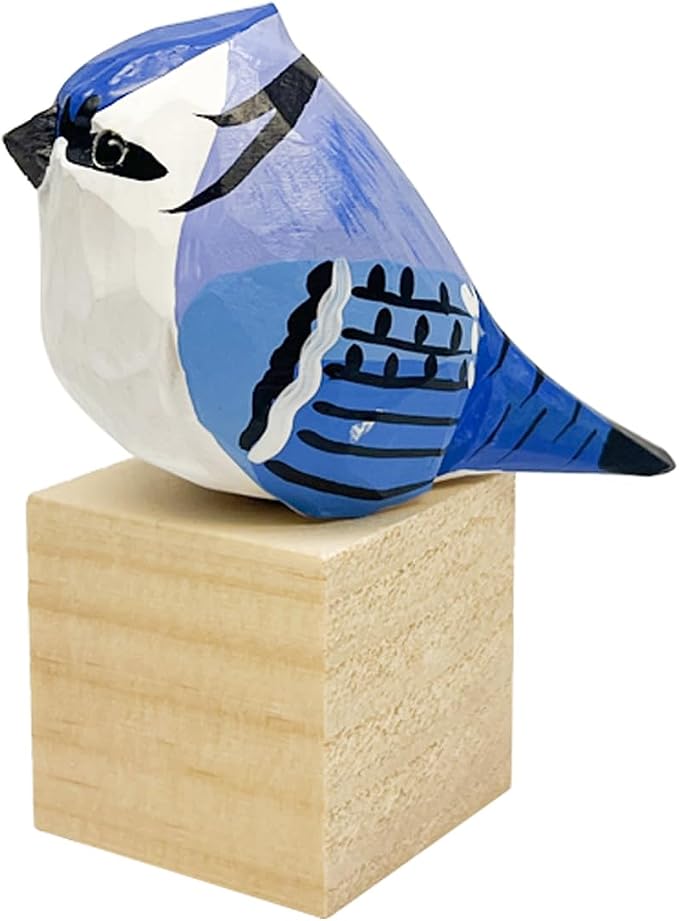 H&Zebrabro Hand Carved Bird Figurines, Hand-Painted Sculpted Wooden Birds, Wood Bird Sculptures for Home Decoration, Hand Crafted Life Like Bird Statues, Ideal Gifts for Bird Lovers (Blue Jay)