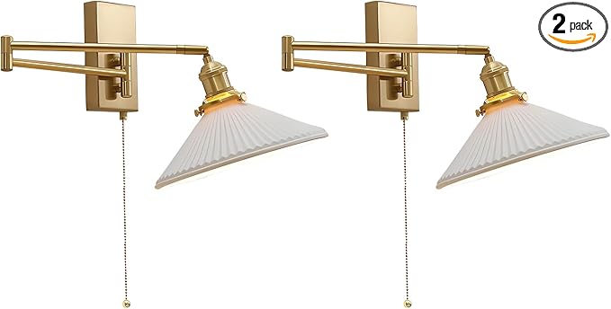 Wall Sconces Set of 2 Brushed Gold Wall Mounted Swing Arm Light Fixture Retro Industrial Hardwired Wall Lamps with Pull Chain Bathroom Vanity Sconces Wall Lighting Indoor Wall Lights MWL14A-2