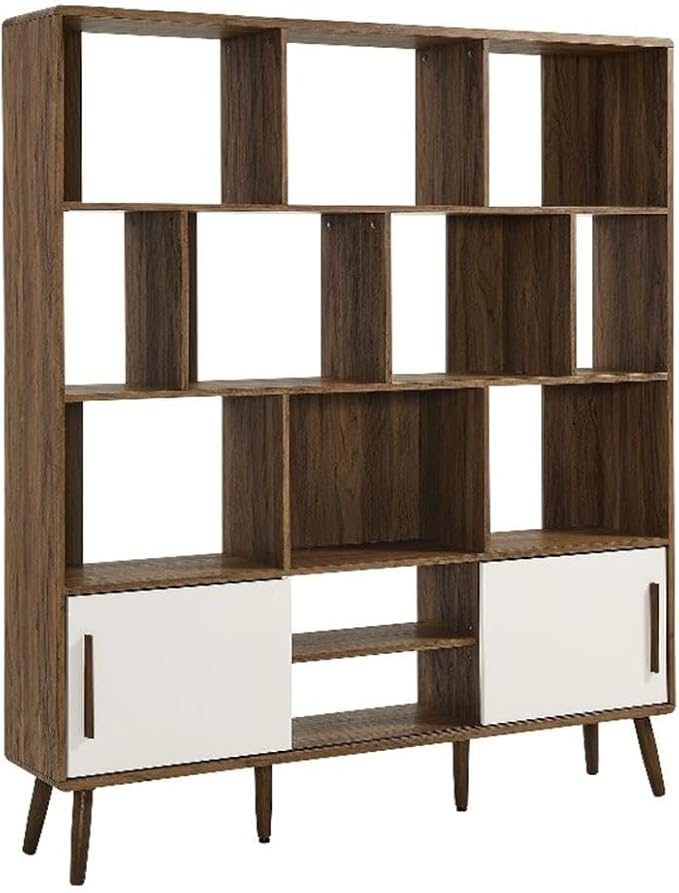 Modway Transmit 14 Shelf Bookcase with Sliding Doors in Walnut Linen - 59 Inch Wood Mid-Century Modern Bookshelf - 4 Tier Wide Open Display Storage Cabinet for Living Room, Office, Hallway