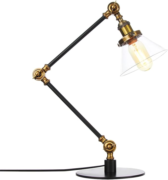 Table Lamp, Adjustable Swing Arm Metal Desk Lamp with Clear Glass Shade, Vintage E26 Reading Light for Bedroom or Bedside
