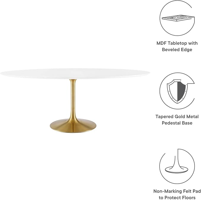 Modway Lippa 78" Oval-Shaped Mid-Century Modern Dining Table with White Wood Top and Gold Base