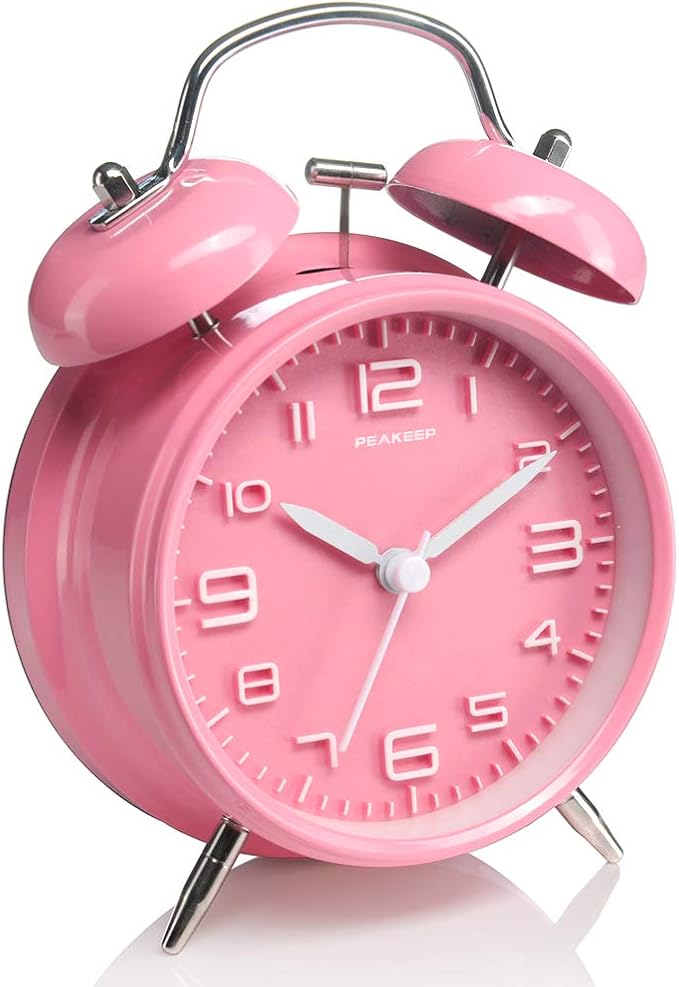 Peakeep 4 Inches Twin Bell Loud Alarm Clock for Heavy Sleepers Kids, Battery Operated Old Fashioned Alarm Clock (3D-Dial, Pink)