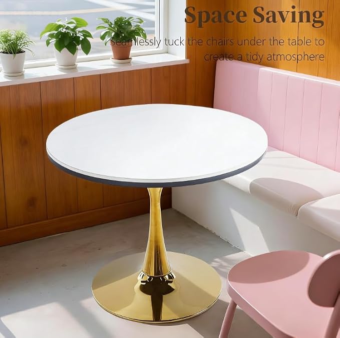 31.5" Marble Round Dining Table, Modern White and Gold Tulip Kitchen Table with Marble Tabletop & Sturdy Pedestal Base, Tulip Shape Table for Small Places, Living Room, Office, Cafe