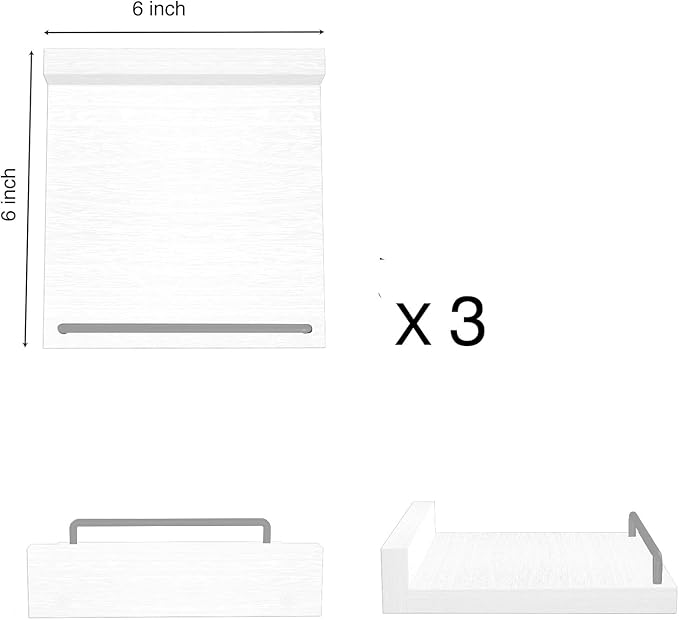 Small Floating Shelf, 6X6 Inches Farmhouse Wall Shelves for Living Room, Bedroom, Picture Frames, Plants, Kitchen, Set of 3 (White and Grey)