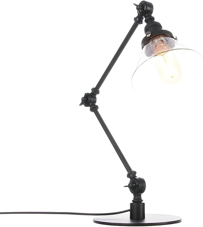 Table Lamp, Adjustable Swing Arm Metal Desk Lamp with Clear Glass Shade, Vintage E26 Reading Light for Bedroom or Bedside