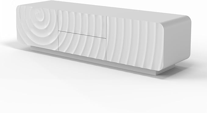 LKTART 58'' TV Stand with Storage & 2 Drawers, Modern TV Console with Water Ripple Door Panels Mid-Century Credenza Sideboard Buffet Cabinet for Kitchen & Living Room (White)