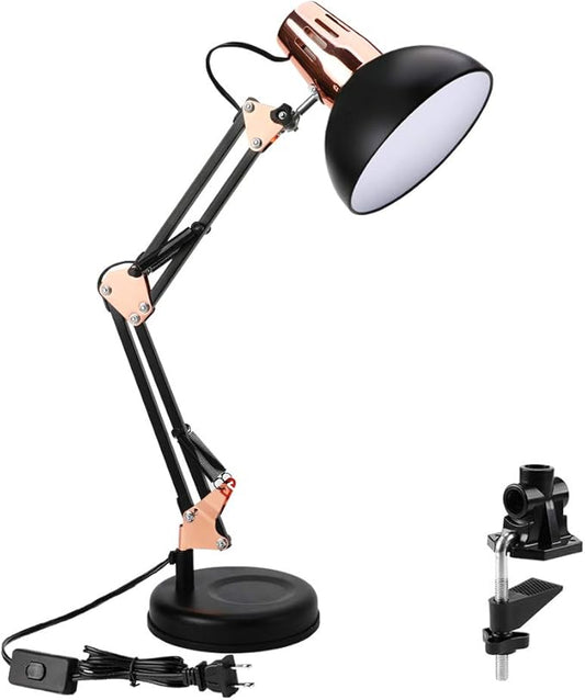 PowerKing Metal Swing Arm Desk Lamps, Adjustable and Flexible, Feading with Base and Clip 2-in-1 Function, Fit E26&E27 Bulbs Base, Application in Bedroom Living Room, Office Home (Black+Rose Gold)