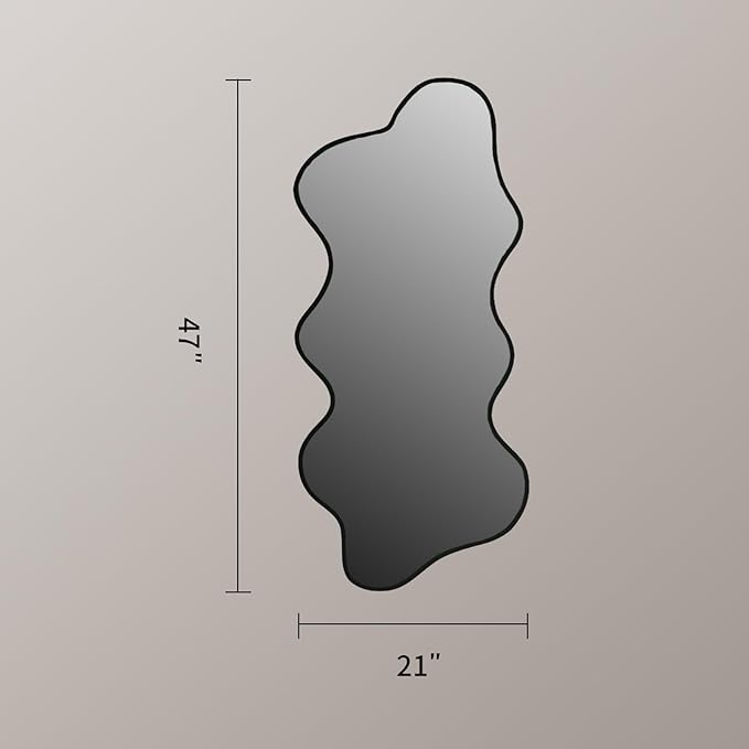 Irregular Wavy Wall Mirror Asymmetrical Shaped Aluminum Alloy Framed Big Unique Full Length Mirror for Living Room Bathroom Bedroom Entryway Fireplace (Black, 47"x21")