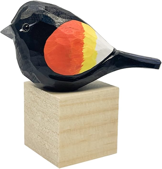 Hand Carved Bird Figurines, Hand-painted Sculpted Wooden Birds, Wood Bird Sculptures for Home Decoration, Hand Crafted Life Like Bird Statues, Ideal Gifts for Bird Lovers (Red-winged Blackbird)