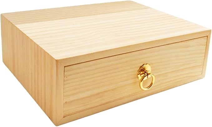 Natural Wooden Storage Box Desk Drawer Single Wood Cabinet Organizer Drawer Tabletop Storage Organization Box with Metal Handle for Desk Home Office Counter Craft Decor (1 Drawer)