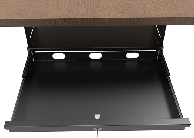 Under Desk Lockable Sliding Out Drawer with Cable Management, 17 inch Wide Office Storage Organizer for Standing Desks or tables with a Crossbar less than 3.2" High, 12 Inch Deep