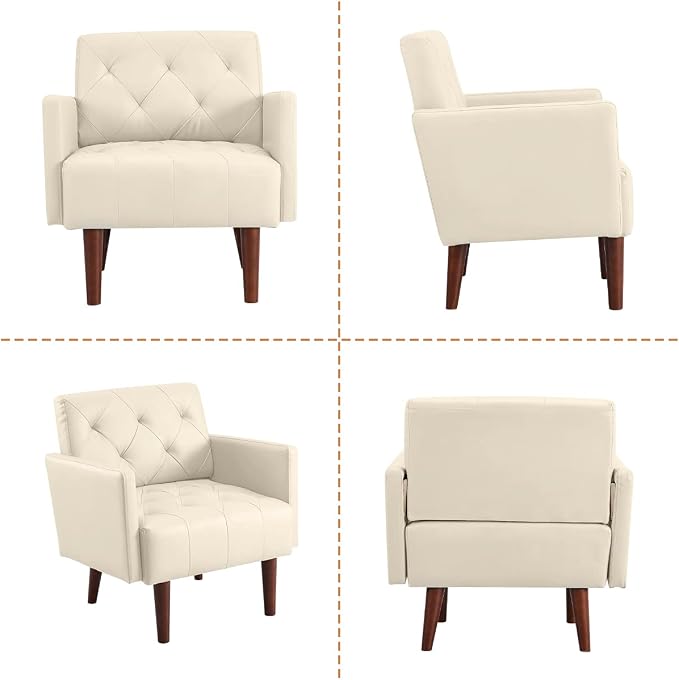 Faux Leather Accent Chair, Modern Retro Arm Chair for Living Room and Bedroom Tufted Upholstered Sofa Club Chair Comfy Armchair for Small Spaces Bedroom Office (Beige)