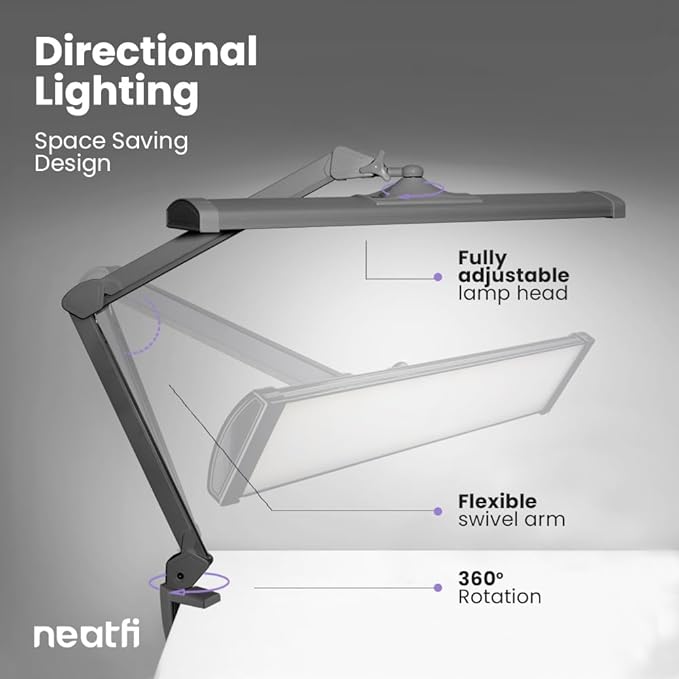 Neatfi Ultra Desk Lamp – 3,500 Lumens, 45W LED, 26-Inch Wide Shade, 5 Brightness Levels, Clamp Mount, Shadow-Free, Non-Flickering Light (Non-CCT with Clamp, Silver)