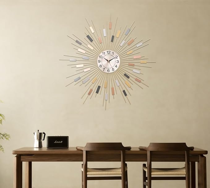Starburst Round Wall Clock Decor 24" Silent Battery Operated, Mid Century Modern Metal Decorative Wall Clock for Living Room Bedroom Office