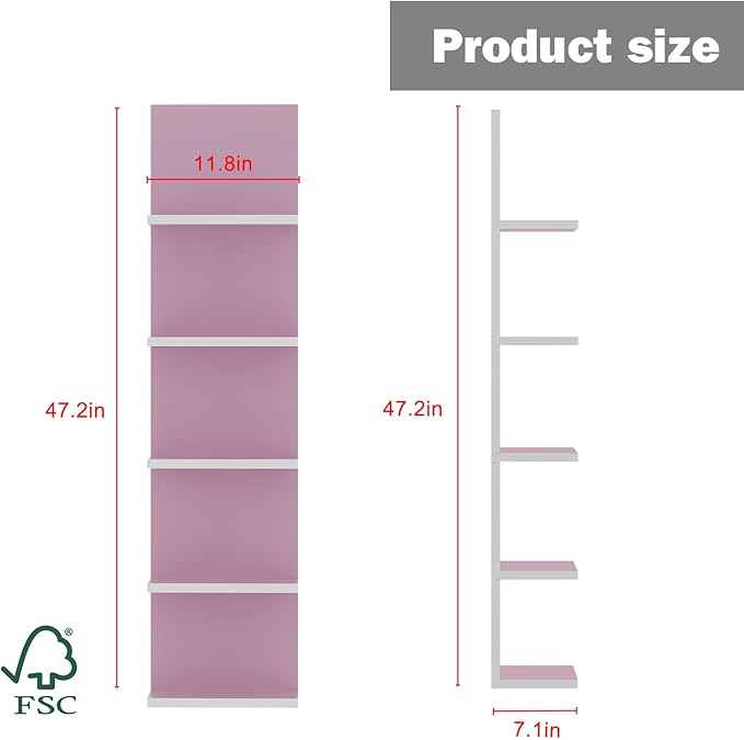 Homaterial 5 Tier Wall Shelf Unit,Modern Vertical Lack Wall Shelves with Light, Wall Mount, Floating Column Home Decor Shelves for Bedroom, Living Room, Vanity Storage Display(Pink)