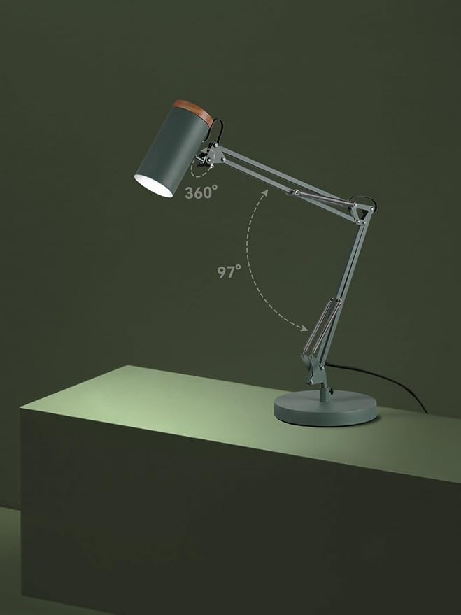 TORCHSTAR Tall Swing Arm Desk Lamp with Wooden Accent, Adjustable Large Size Max Height 31", E26 Base Metal Task Lamp, Office Desktop Lamp with On/Off Switch, for Reading, Study, Workbench, Green