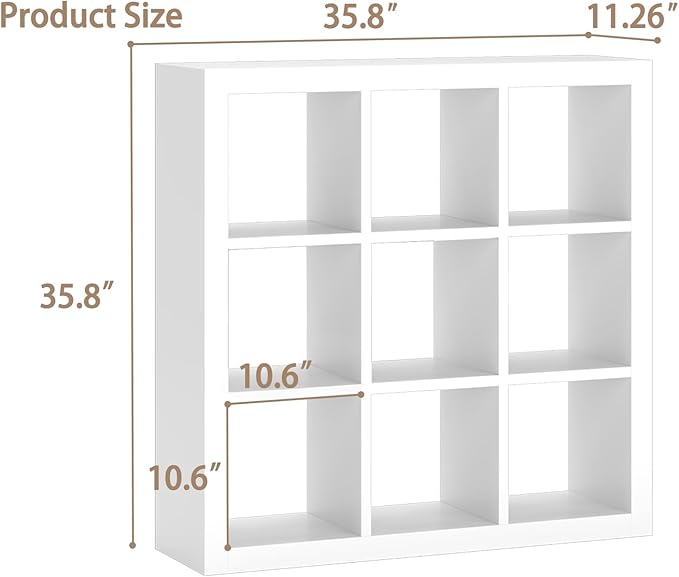 Bookshelf 9-Cube Storage Organizer Sturdy Wooden Bookcase Open Book Shelf, Multifunctional Cubicle Rack for Storages & Display, Furniture for Living Room Bedroom Office, White