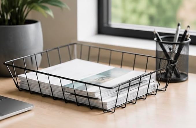 Set of 4 Black Paper File Letter Organizer Desk Metal Storage Organizer Office Paper Tray Letter Bin Basket Mail Inbox Classroom Desktop Home Office Supplies