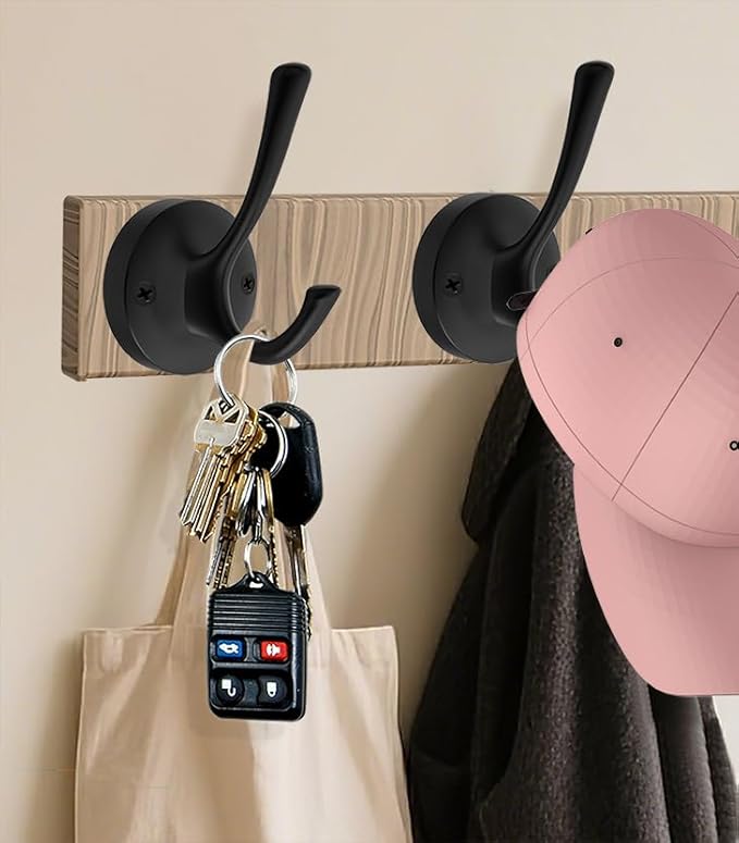Black Wall Hooks, 6 Pack Coat Towel Hook Heavy Duty Metal Double Bath Robe Hook Wall Mounted, Hat Hooks for Cubicle Bathroom Kitchen Closet Garage