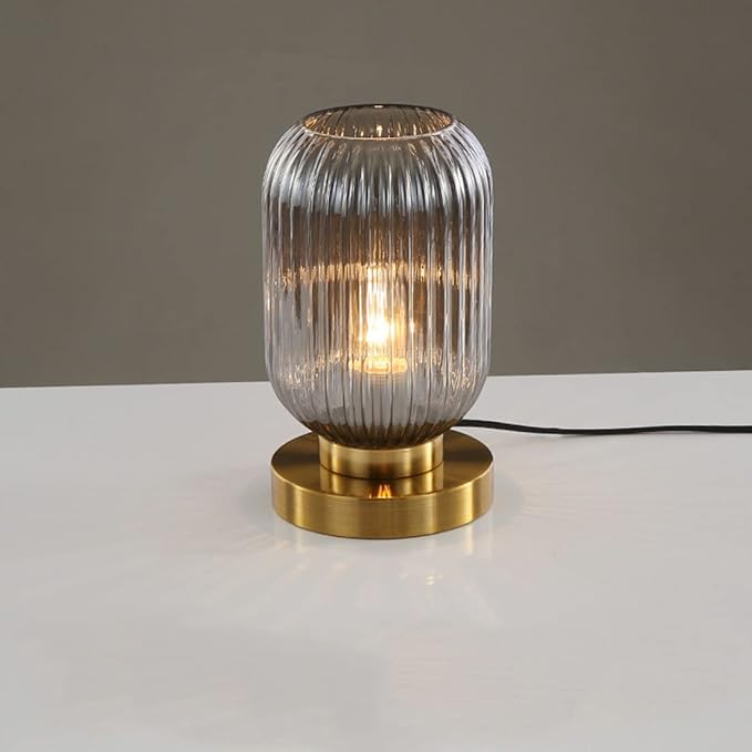 Mid Century Modern Globe Table Lamp Grey Glass Table Lamp Vintage Bedside Lamp Gold Desk Lamp Ribbed Design Shade Small Side Table Lamps Table Light for Bedroom Living Room Office