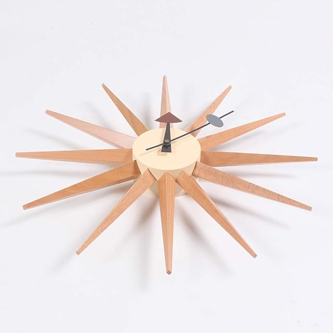 SHISEDECO Modern Art Sunburst Clock in Natural Color, Non Ticking Wooden Mid Century Retro Design Decorative Silent Wall Quartz Clocks for Home, Kitchen, Living Room, Office and Bedroom etc.