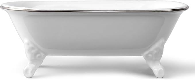 6.5" Ceramic Mini Decorative Clawfoot Bathtub Bar Soap Dish, Kitchen Sponge Holder and Shower Tray for Bathroom, 1 Pack (White Silver Rim)