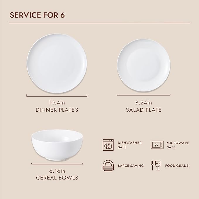 KINGSTONE Bone China Dinnerware Sets, 18-Piece Dinnerware Set for 6, Lightweight Durable, Microwave and Dishwasher Safe, Tableware for Daily Use with Elegant Design, White
