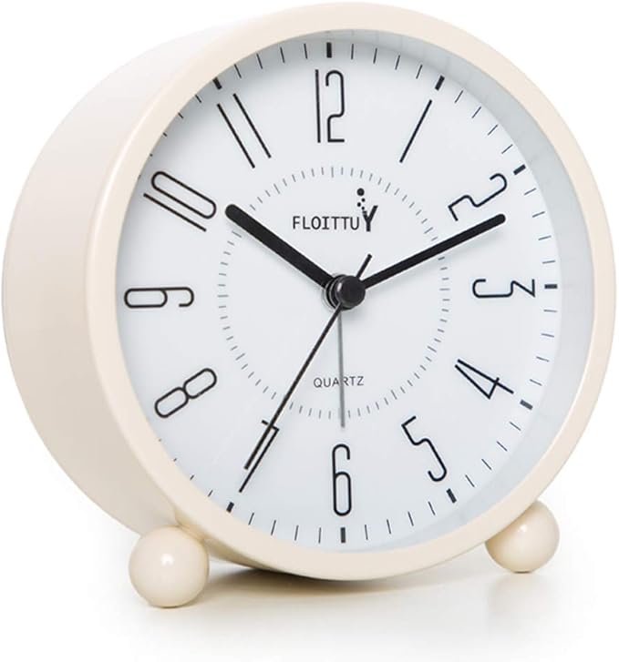 FLOITTUY Super Silent Metal Alarm Clock,Beep Wake Round Alarm Clock with Night Light,Battery Operated,Easy Set,Simple & Retro for Desk, Bedroom and Home Decoration(Creamy White)