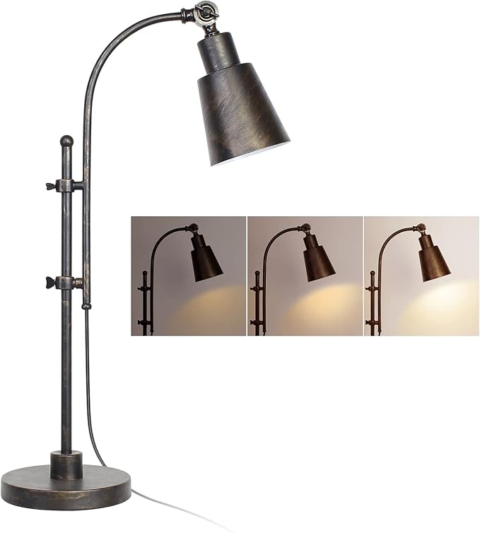 LALISU Metal Desk Lamp Rustic Task Lamp Black Adjustable, Industrial Style Lamp with On/Off Switch, Vintage Work Reading Lamp for Bedroom, Study Room &Office, ETL Certificate. (Black)