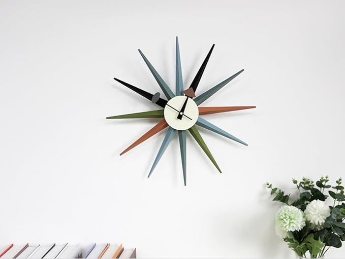 Mid Century Modern Wall Clock Large Silent Non Ticking 18 inch Solid Wood Retro Sunburst Clock for Living Room Decor,Office Kitchen