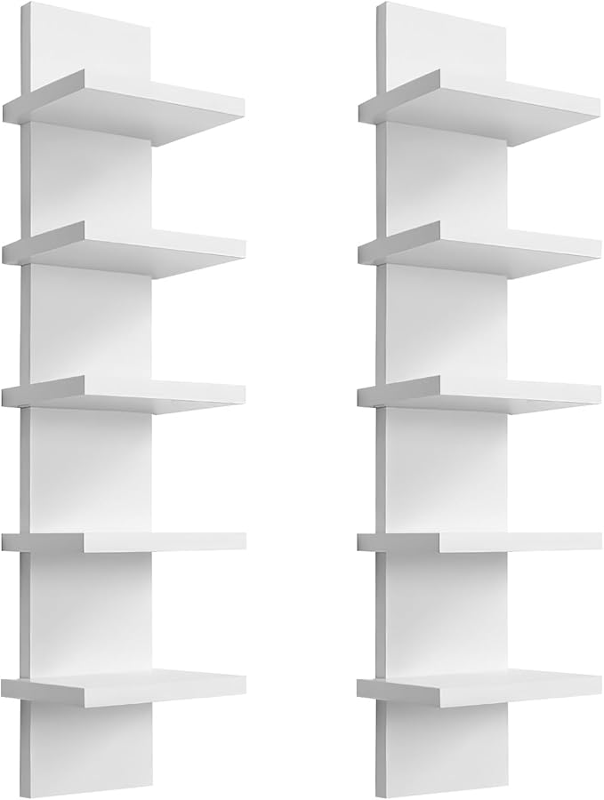 2 Pack 5 Tier Wall Shelf Unit - Narrow Smooth Laminate Finish - Vertical Column Wall Decor Mount Floating Storage Home Decor Organizer Tall Tower Utility Shelf for Bedrooms, Living Rooms,White