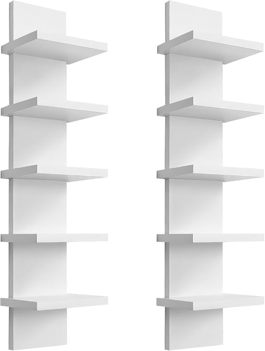 2 Pack 5 Tier Wall Shelf Unit - Narrow Smooth Laminate Finish - Vertical Column Wall Decor Mount Floating Storage Home Decor Organizer Tall Tower Utility Shelf for Bedrooms, Living Rooms,White