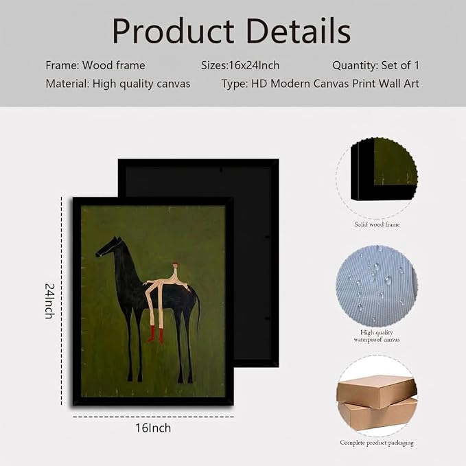 Abstract Horse Wall Art with Wooden Frame – Vintage Surreal Horse and Figure Painting, Olive Green Textured Minimalist Artwork, Retro Modern Framed Wall Decor Print 16×24 Inch