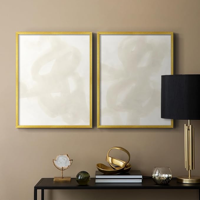 Renditions Gallery Set of 2 Peel & Stick Framed Prints, Abstract Wall Art, Beige and White Aesthetic Wall Decor, Re-Stickable - Ready to Hang - 11"x14" - GOLD Frame LT588
