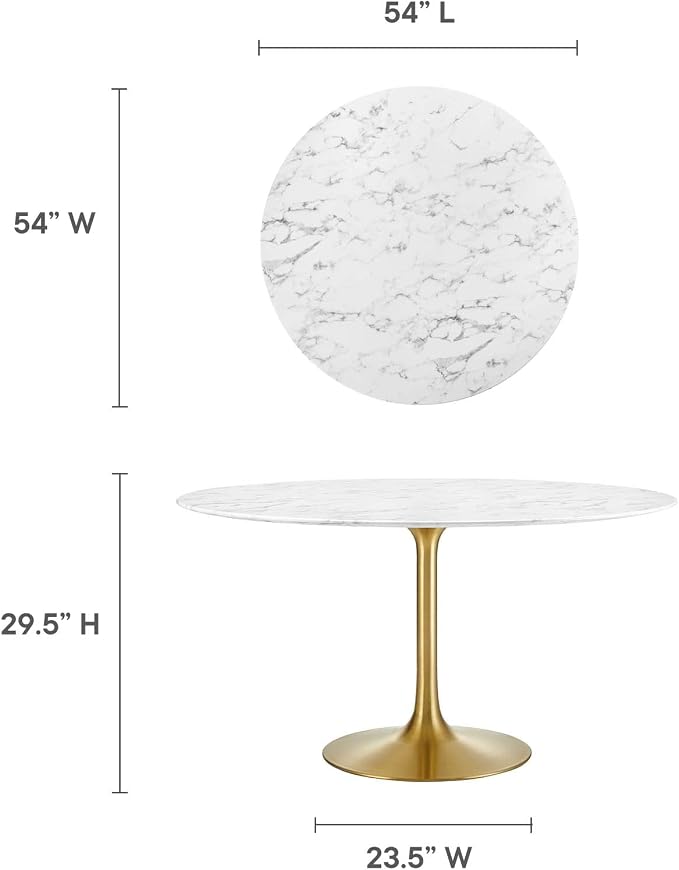 Modway Lippa 54" Mid-Century Dining Table with Round Artificial Marble Top in Gold White