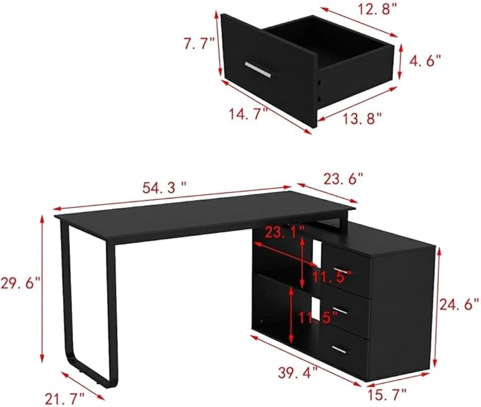 Homsee Home Office Computer Desk Corner Desk with 3 Drawers and 2 Shelves, 54 Inch Large L-Shaped Study Writing Table with Storage Cabinet - Black