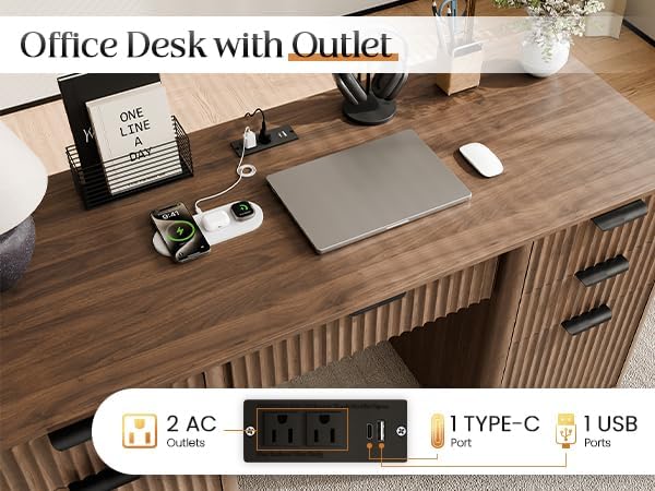 58" Fluted Home Office Desks with Storage, Modern Executive Desk Computer Desks with 5 Drawers & Cabinet, Wood Work Desk File Drawer for Office, Bedroom, Study, Living Room, Walnut