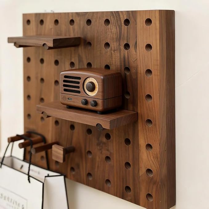 Walnut Wood Pegboard Wall Organizer, Mid-Century Modern Wall Mounted Display Shelf, Modular Wooden Peg Board Shelving Unit with Hooks for Entryway, Bedroom, Office Storage & Decor
