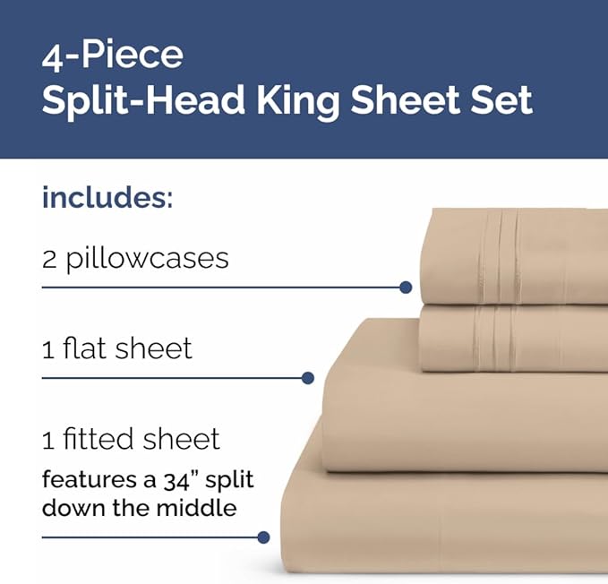 Flex Top Split Head King 4 Piece Sheet Set - Ultra-Soft, Breathable & Cooling Bed Sheets Set - Hotel Luxury Bedding for Women & Men with Deep Pockets - Wrinkle Free & Fade Resistant - Oeko-Tex - Cream