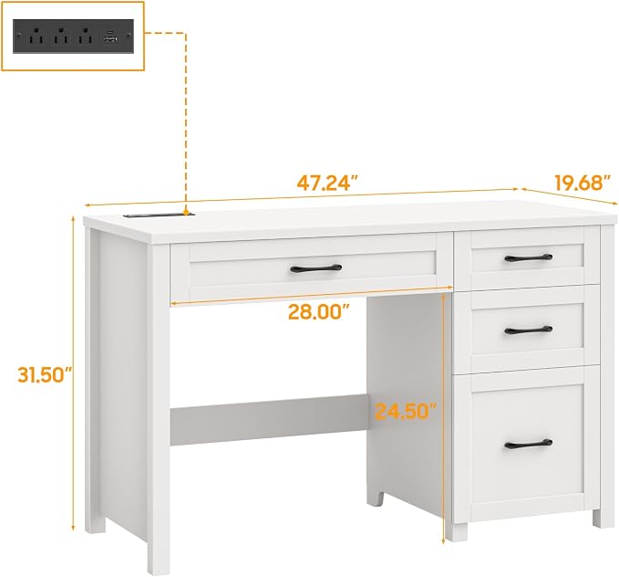 Vabches Farmhouse 47" Executive Desk, Computer Desk with File Drawer and Charging Station, Workstation for Home Office, Study.Cream White
