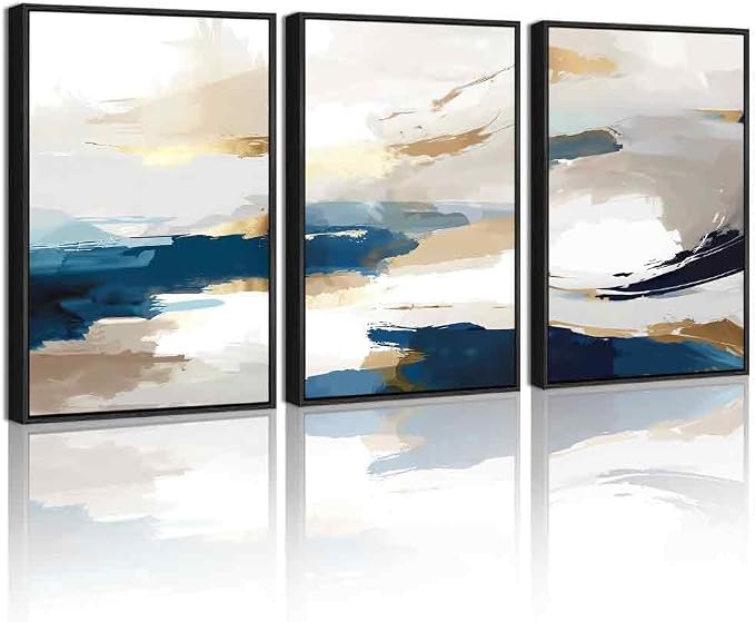 KUVIOKE Abstract Blue Framed Wall Art Graffiti Shape Pastel Wall Decor Modern Art Painting for Bedroom Hallway 12x16in (Black Framed)