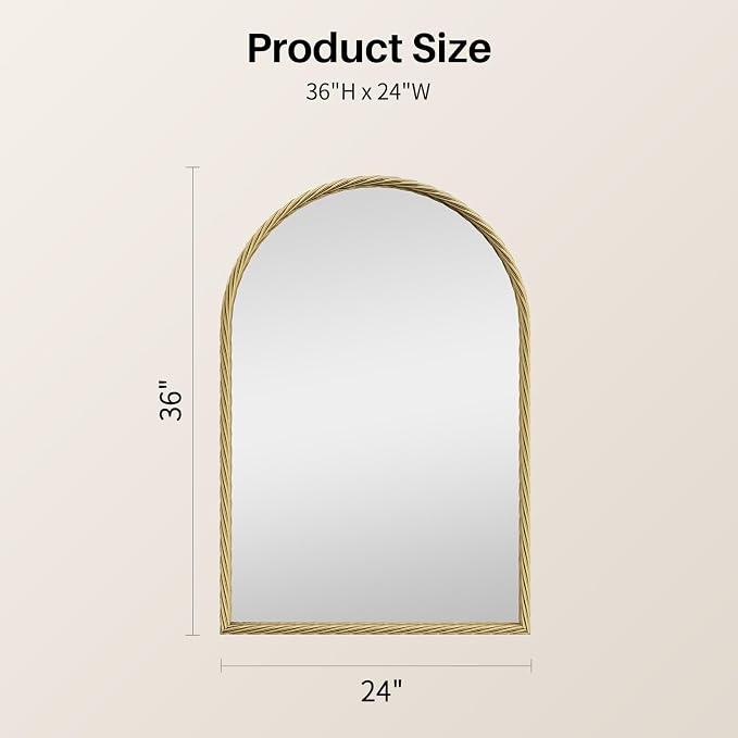 Large Vintage Arched Wall Mirror - 24"X36" Gold Rope-Like Metal Framed Mounted Mirror for Wall Decor, Vanity Mirrors for Bathroom, Living Room, Bedroom, Fireplace