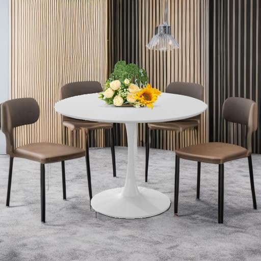 42 Inch Round Dining Table,Mid-Century Tulip Table with Metal Pedestal Base,Modern Leisure Table for Small Space Kitchen Dining Room,Easy Assembly,White